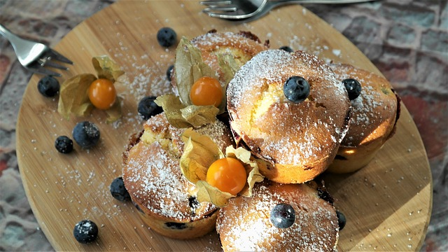 muffins, blueberries, dessert