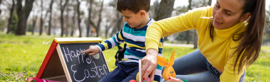 Spring activities for kids, easter picnic with mum and child